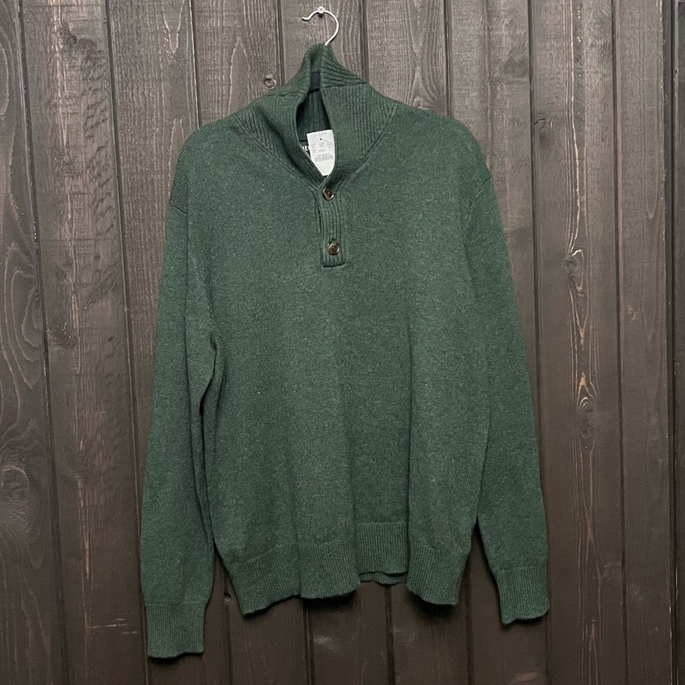 NWT J. Crew Mercantile Men’s 3-Button Sweater Pullover Green Size LG Wool/Nylon.